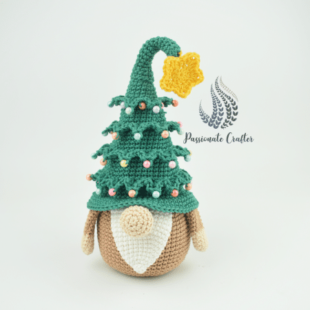 Crochet Christmas tree gnome pattern with beads and crochet start topper