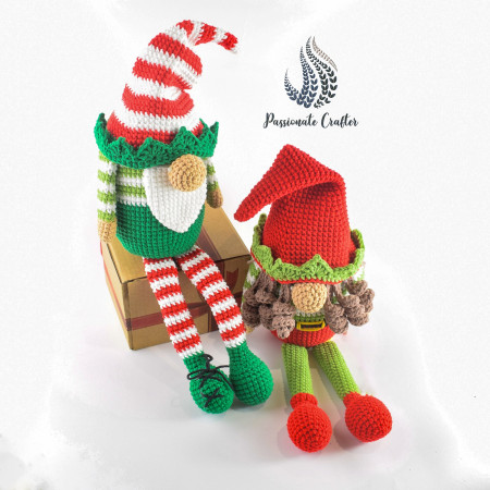 crochet elf gnome sitting on shelf free crochet pattern