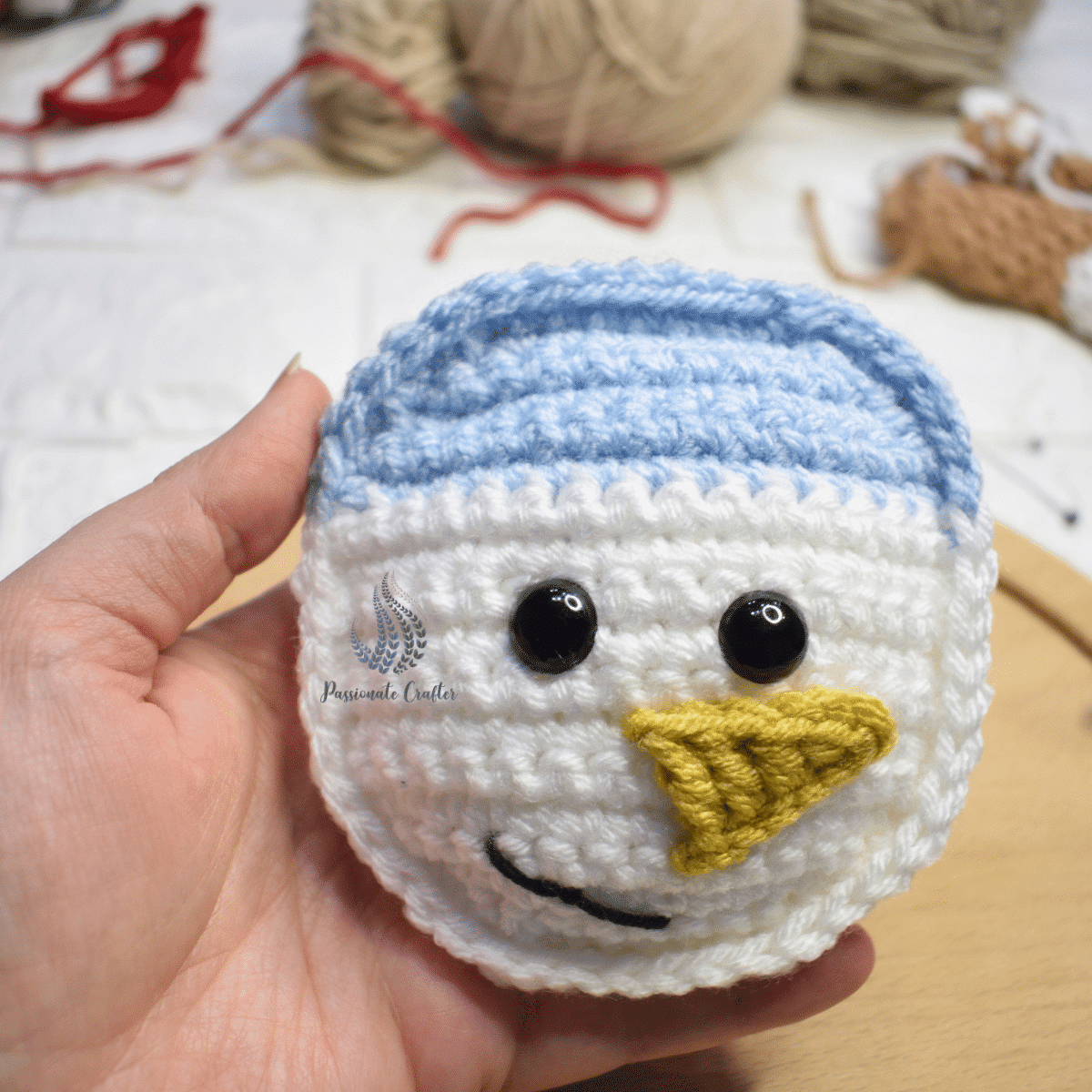 crochet snowman ornament after stuffing