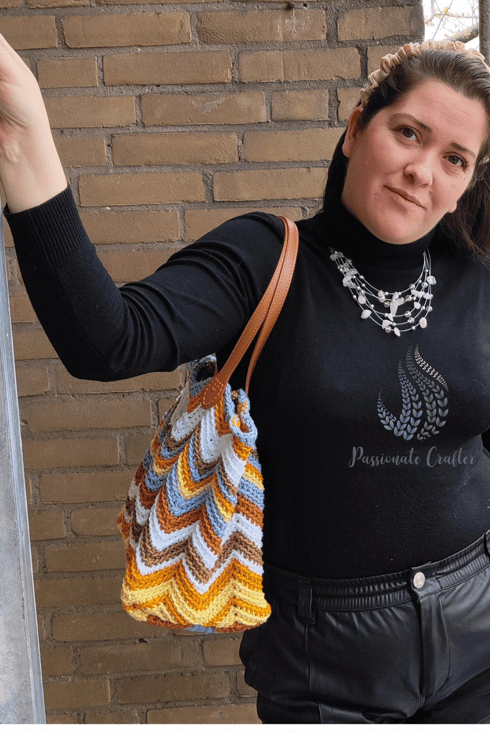 crochet bag in white,yellow,brown,blue and khaki colors