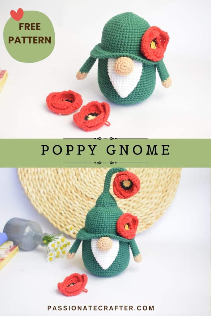 Crochet poppy flower gnome free pattern