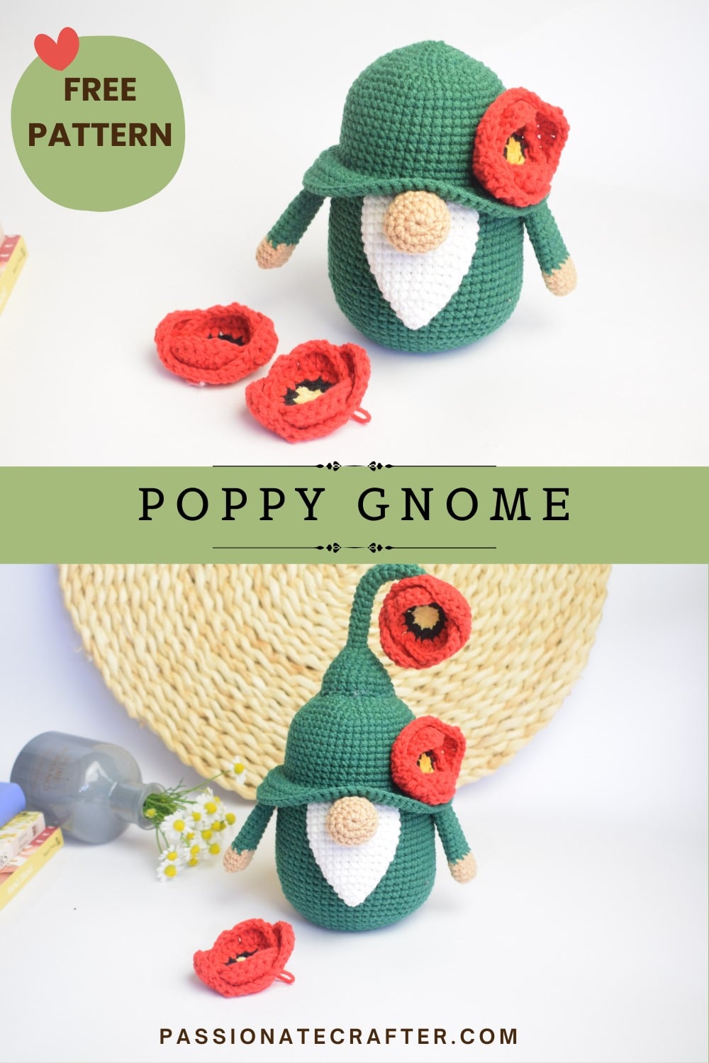 Crochet poppy flower gnome free pattern