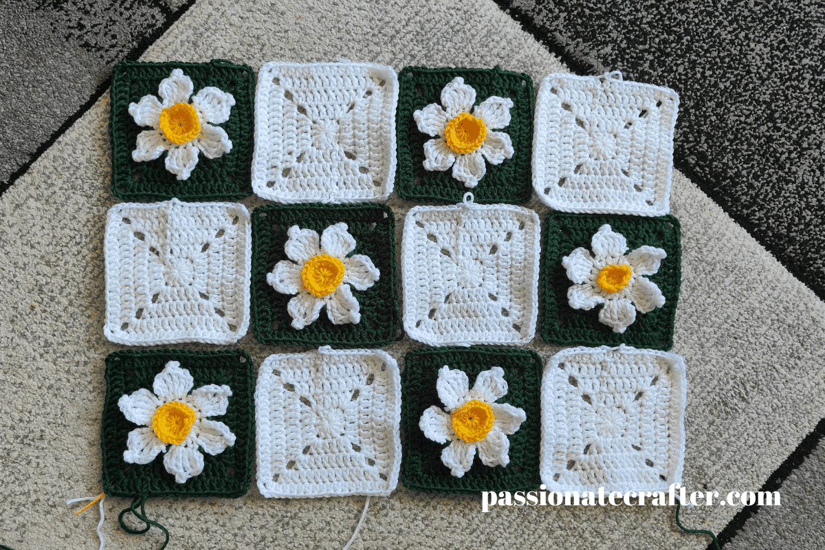 crochet squares in white and green color