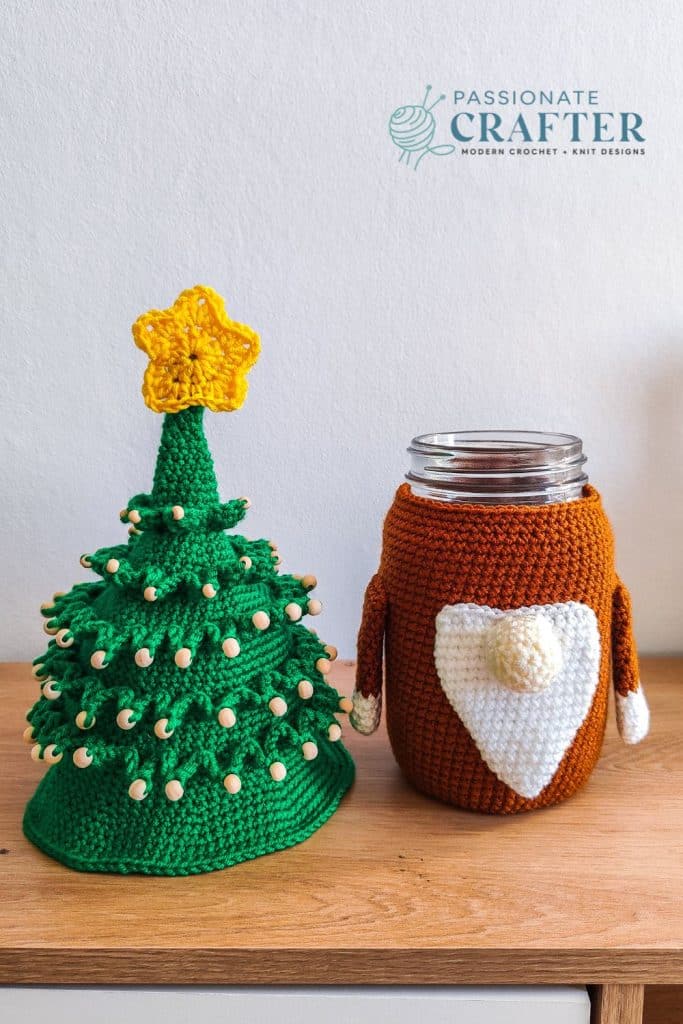 Crochet Christmas tree Gnome with a 32 oz jar inside as a Christmas gift