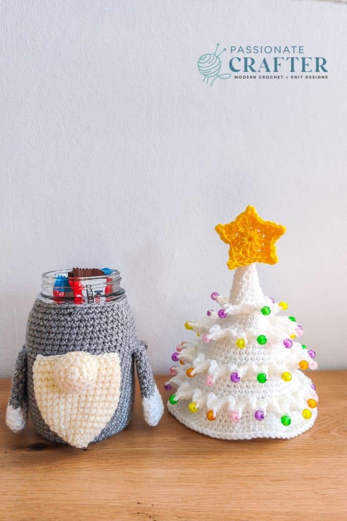 Crochet Christmas tree Gnome with a jar filled with chocolates