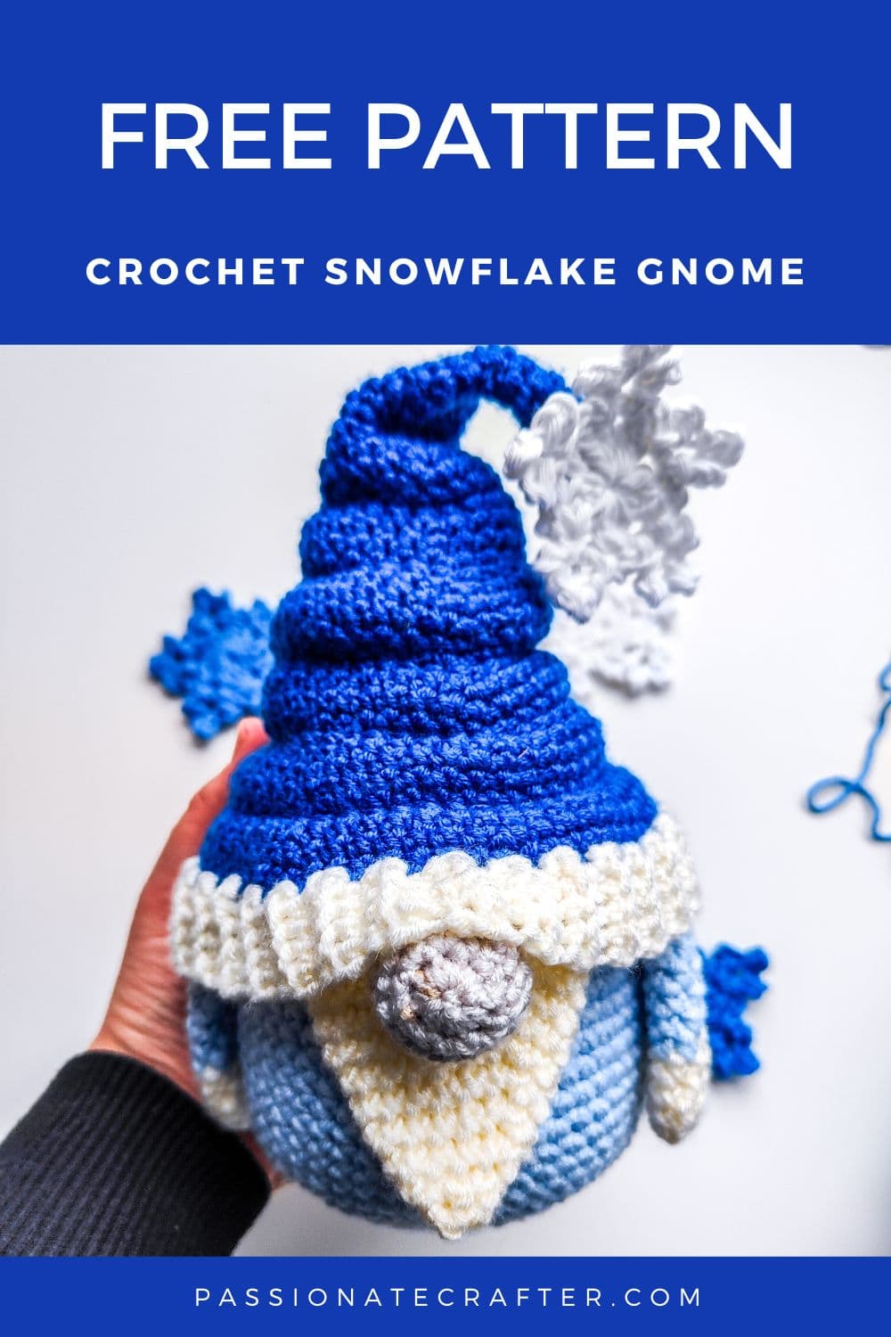Crochet Winter Gnome Free pattern with a snowflake