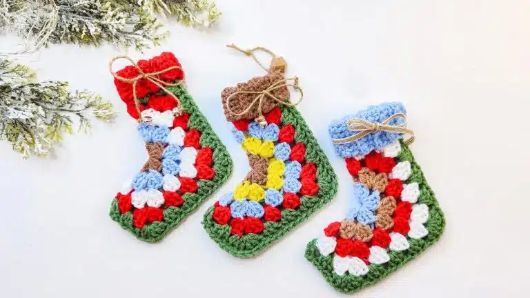 Crochet mini hexagon stocking. Made with different colors in every round using the traditional granny stitch. Simple and easy