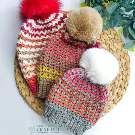 Crochet zig zag beanie with caron cinnamon swirl cake
