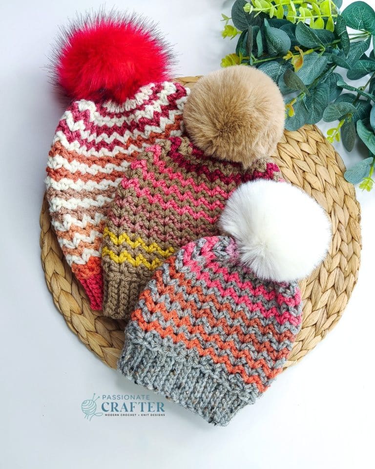 Crochet zig zag beanie with caron cinnamon swirl cake