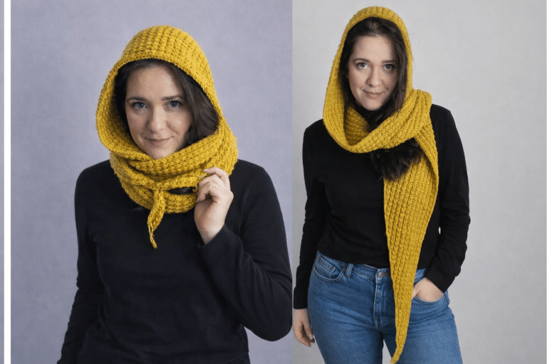 Woman showing a crochet scarf with hood tied around her neck and unfolded