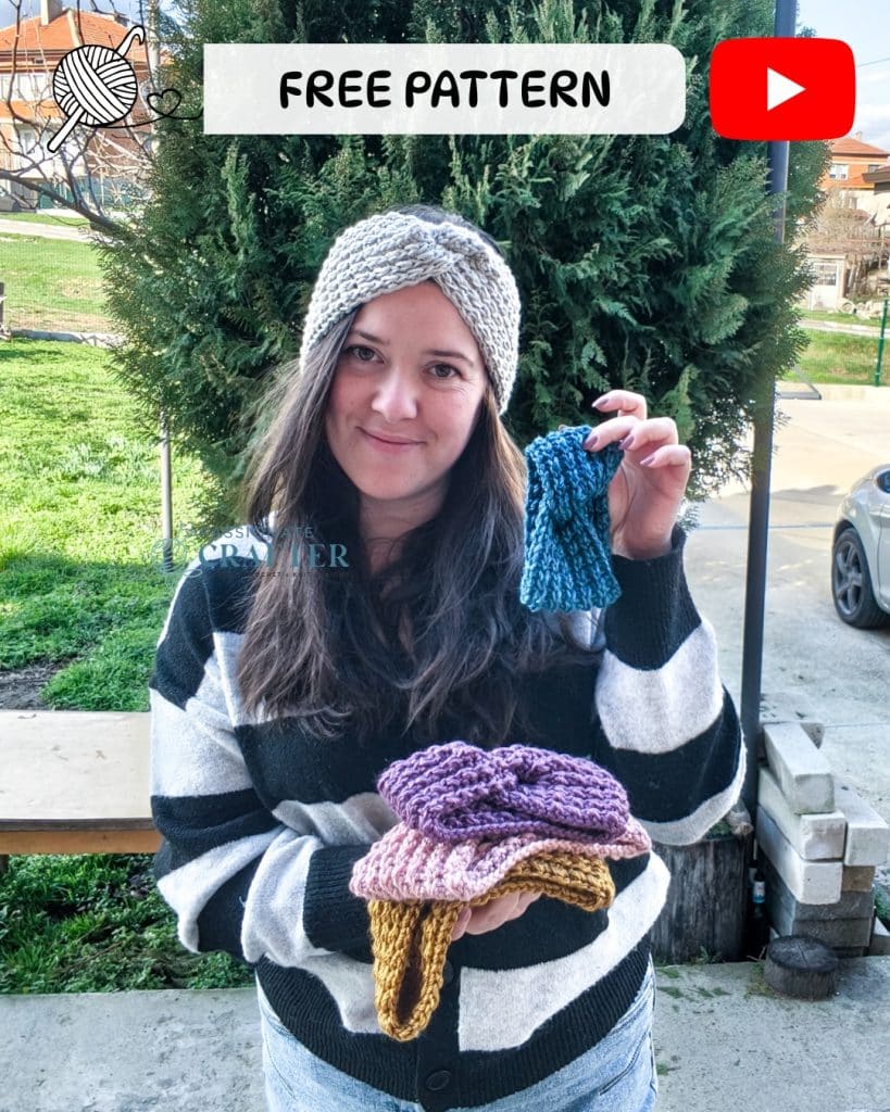 A girl wearing crochet ear warmer and holding 4 different sizes in her hand