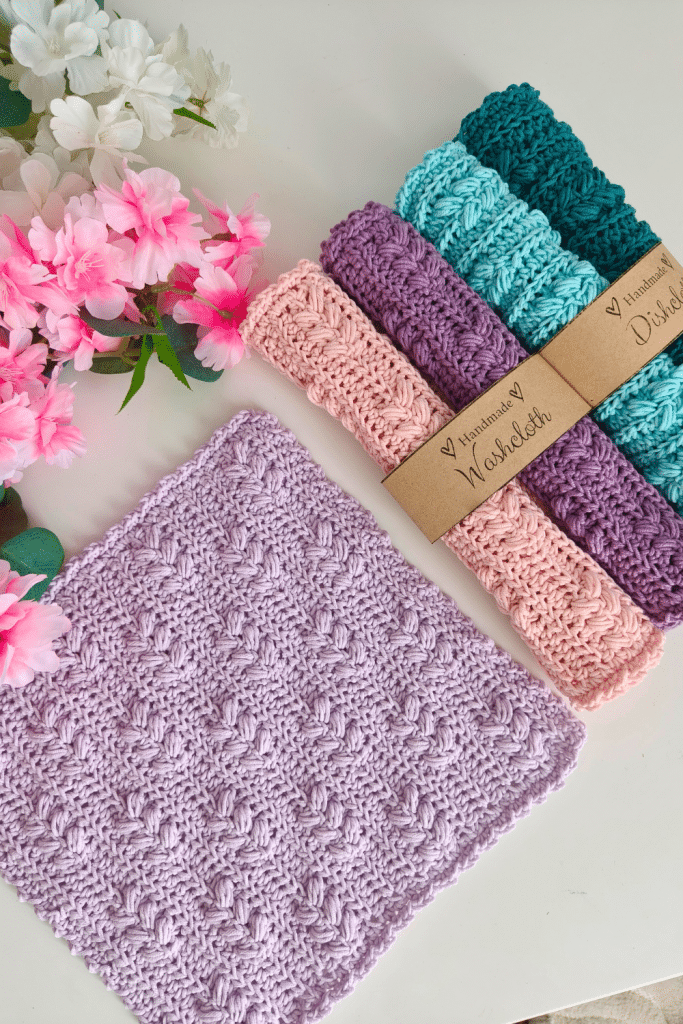crochet textured dishcloth in lilac color