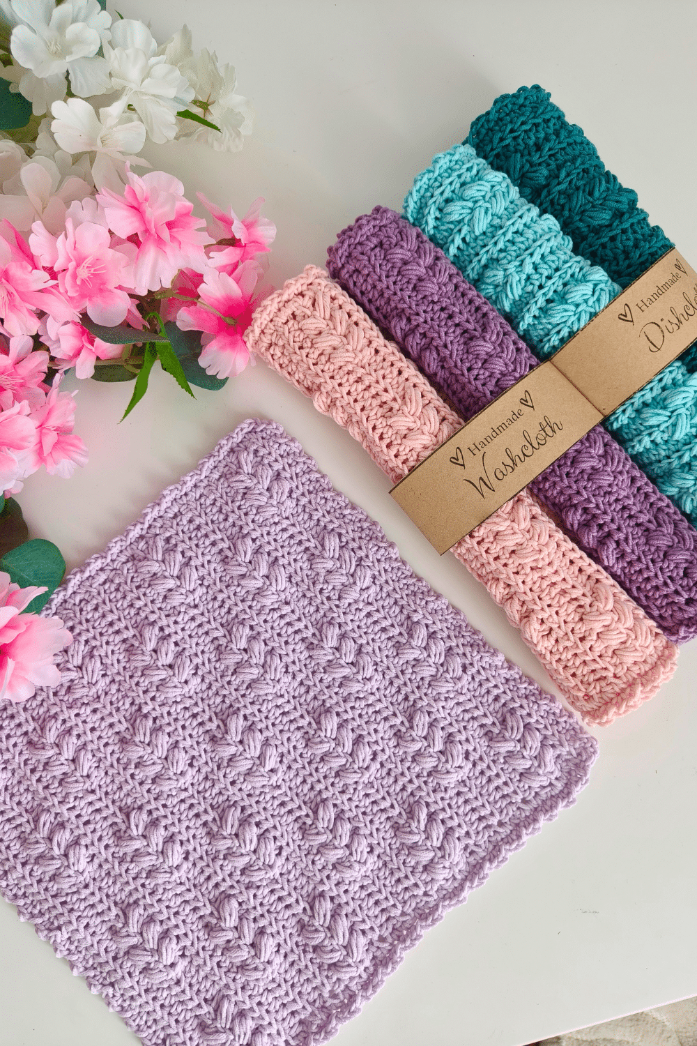 crochet textured dishcloth in lilac color
